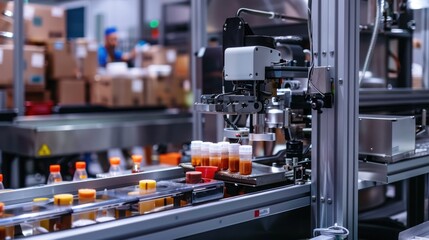 Automated Production Line with Bottles Moving on Conveyor Belt
