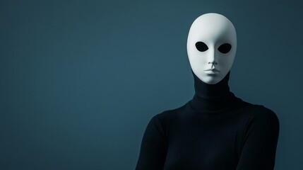 Anonymous person wearing white mask posing on blue background