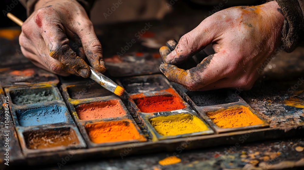 Poster vibrant tile pigment mixing to create a variety of colorful and geometric patterns for design interi