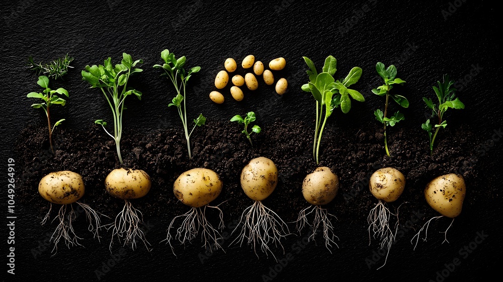Poster visual representation of the various stages of potato planting and growth showcasing the roots emerg