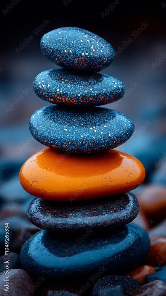 Poster artistic tower of smooth colorful stones on a tranquil pebble beach : generative ai