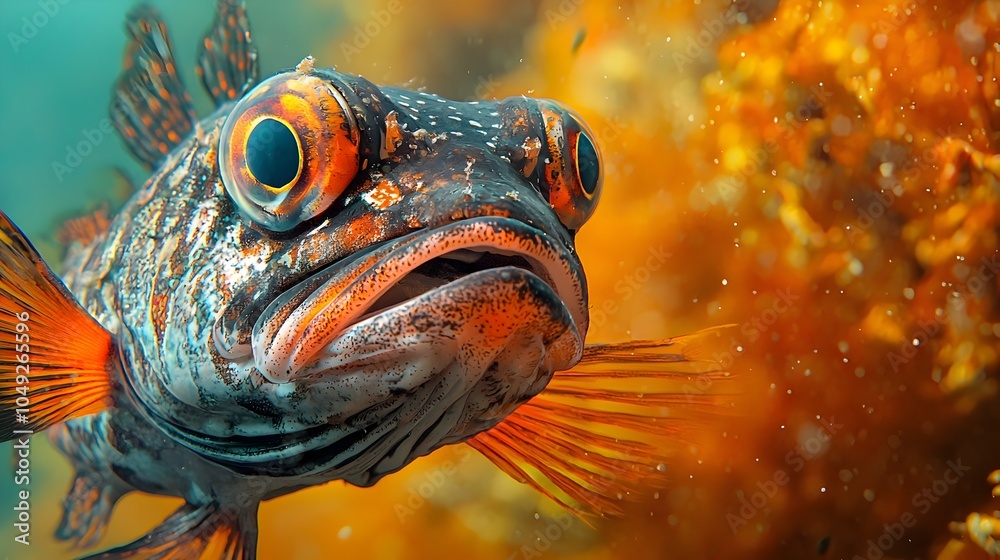 Poster vividly detailed rockfish with striking scaly textures captured in vibrant underwater environment cl