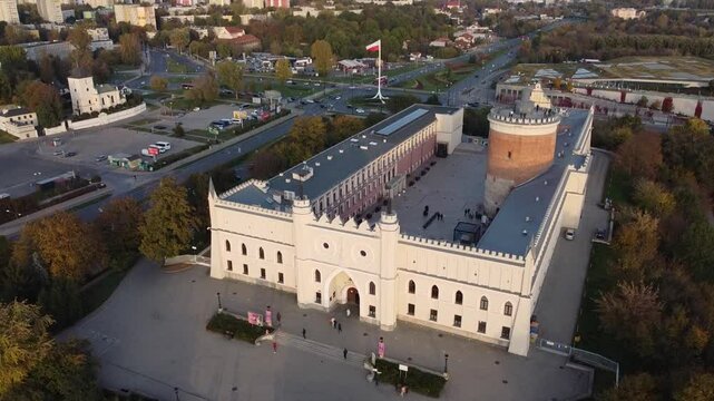 Flight above Royal castle in Lublin, "Zamek Lubelski". Medieval castle with national museum, Lublin, Poland. 4K drone view.