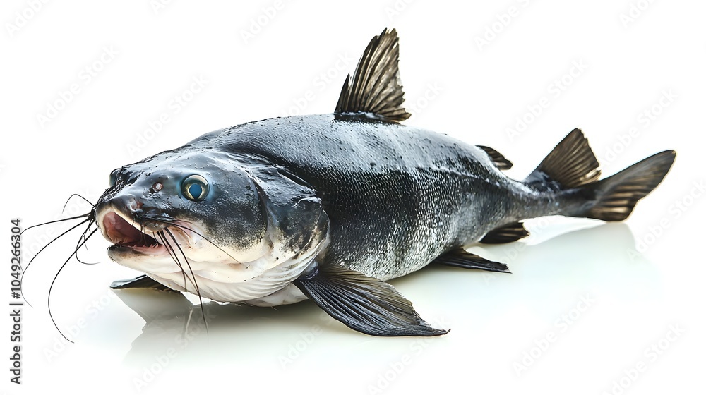 Poster whole catfish with a shiny smooth skin resting on a simple white background showcasing its natural e