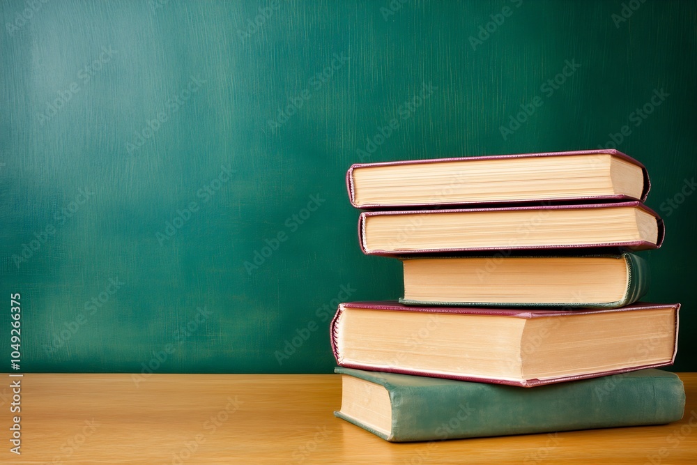 Poster stack of hardcover books on wooden table with green background perfect for educational themes : gene