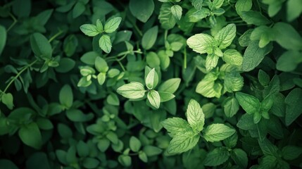 Fototapeta premium A close-up view of lush green herbs, showcasing their vibrant leaves and textures.