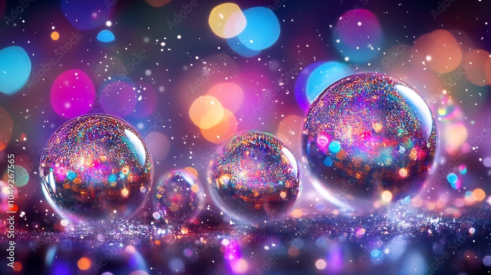 Poster Abstract Crystal Spheres with Colorful Reflections in a Dreamy Bokeh Backdrop : Generative AI