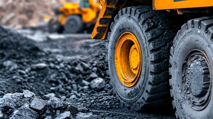 Close up of rugged heavy duty industrial tires in action on a rocky construction site : Generative AI