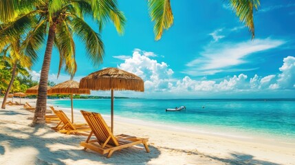 Obraz premium A serene beach scene with palm trees, lounge chairs, and a calm sea under a bright sky.