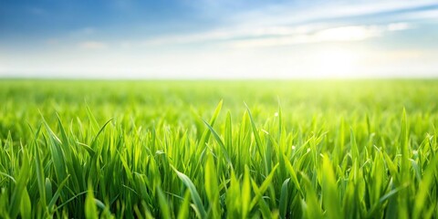 Obraz premium Field of green grass with white sky in the background, creating a depth of field effect