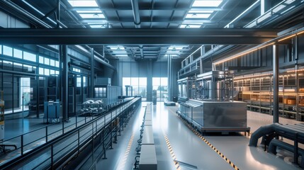 Fototapeta premium Industrial Factory Interior with Conveyor Belts and Machinery