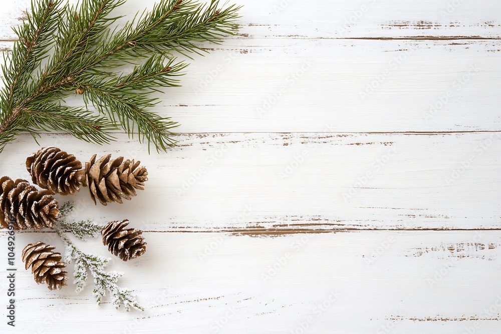 Poster Wooden Background with Pine Cones and Evergreen Branches for Rustic Holiday Decor : Generative AI