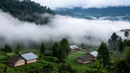 Serene Countryside Village with Misty Morning Fog in Lush Green Hills and Dense Forest : Generative AI