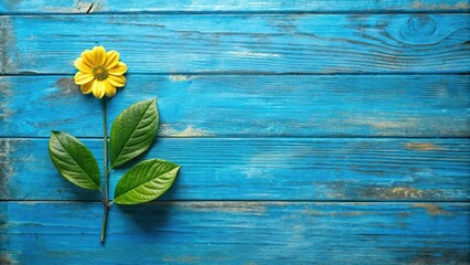 Fototapeta premium Forced perspective blue painted wood with flowers and leaves