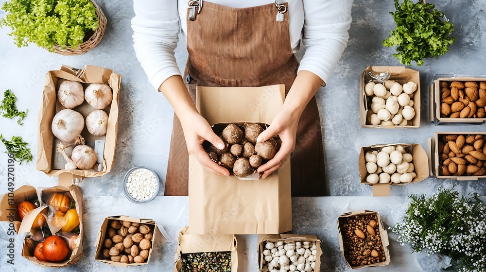 Poster Top View of Fresh Vegetables and Mushrooms in Brown Paper Bags on a Rustic Kitchen Table : Generative AI