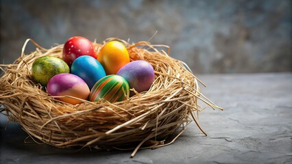 Fototapeta premium Forced perspective colorful Easter eggs in straw nest on grey background
