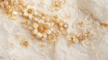 Elegant Floral Lace Embroidery with Pearls and Gems