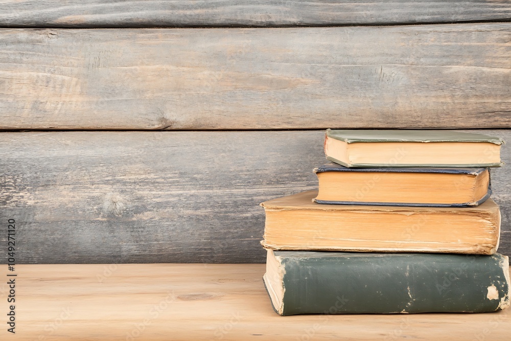 Aufkleber stack of classic vintage books on a wooden table with rustic background for oldworld charm : generat