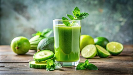 Fototapeta premium Fresh cucumber lime mint juice in clear glass