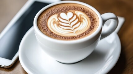 Warm Coffee with Artistic Latte Design on Table