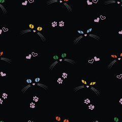 Multicolored cat eyes and pink hearts on black background, seamless vector pattern
