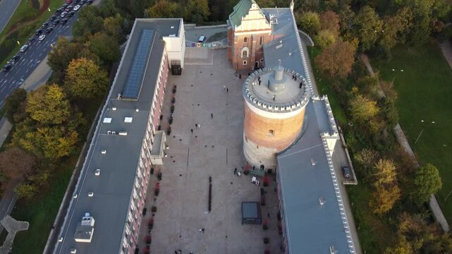 Flight above Royal castle in Lublin, "Zamek Lubelski". Medieval castle with national museum, Lublin, Poland. 4K drone view.