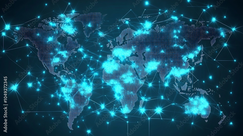 Fototapete global digital technology network map with glowing connection points : generative ai