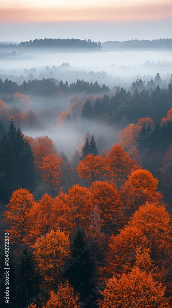 Poster misty morning in autumn forest with bright red and orange tree canopy : generative ai