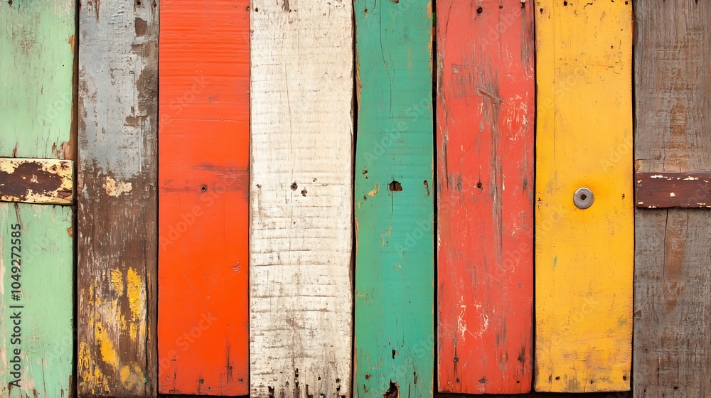 Aufkleber Bright and Rustic Wooden Panels in Multicolor Arranged Vertically : Generative AI