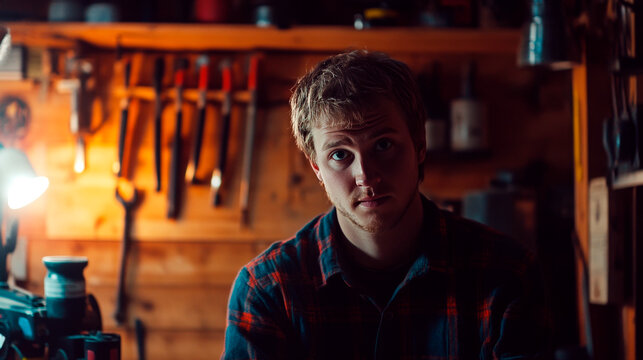 Craftsperson in workshop with tools on wall, focused expression