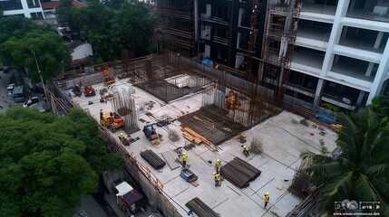 Drone View of Large Scale Building Construction Surrounded by Lush Greenery : Generative AI