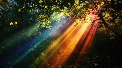 Fototapeta premium A vibrant forest scene with colorful light rays filtering through the trees.
