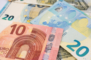 Euro banknotes background. Euro cash background. Background from several euro paper cash. Banknote texture.