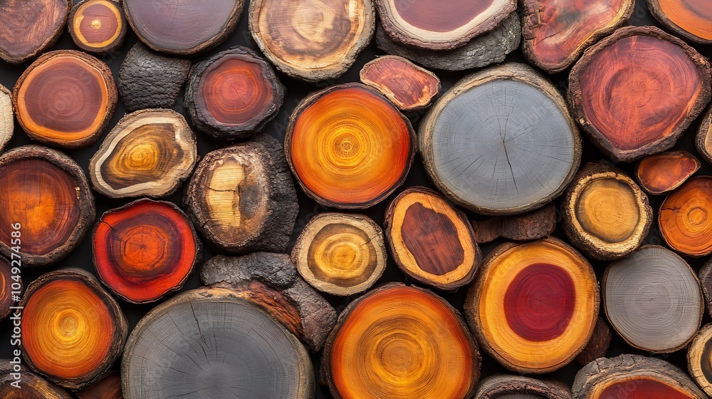 Poster Colorful Wooden Log Slices Displaying a Diverse Array of Natural Patterns for Art and Decor : Generative AI