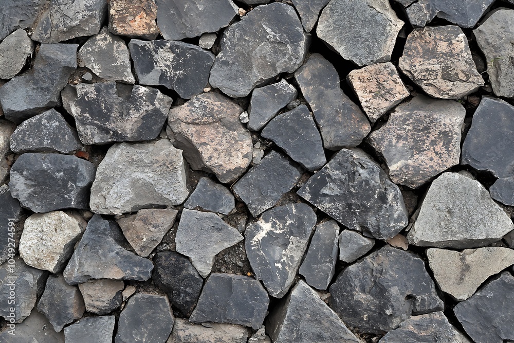 Poster natural stone wall with varied gray tones and irregular stone shapes : generative ai