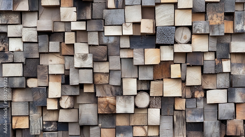 Poster Artistic Arrangement of Square Wooden Blocks Creating a Mosaic Wall Texture Design : Generative AI