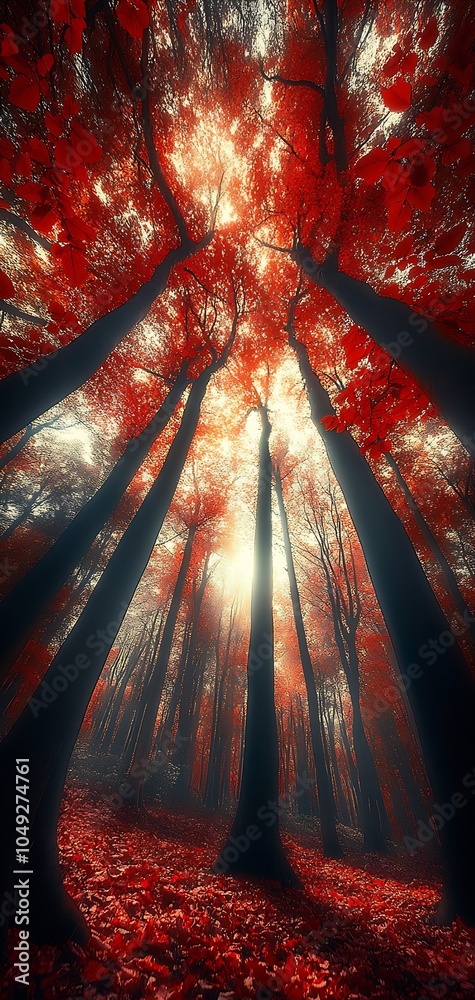 Poster enchanting autumn forest with sunlight through crimson foliage : generative ai