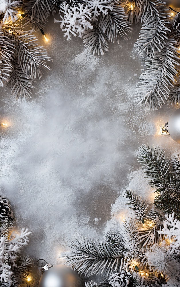Poster frosted winter pine cones and snowy branches with festive lights : generative ai