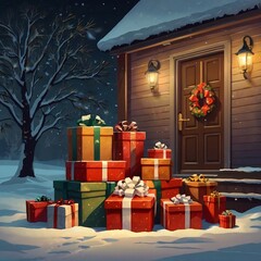 "A Festive Surprise" – A beautifully wrapped Christmas gifts rests on the snowy doorstep, illuminated by a warm glow from inside, setting a welcoming holiday scene.