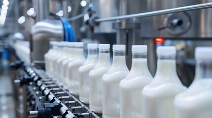 Obraz premium Milk Bottles Moving Along a Conveyor Belt in a Factory