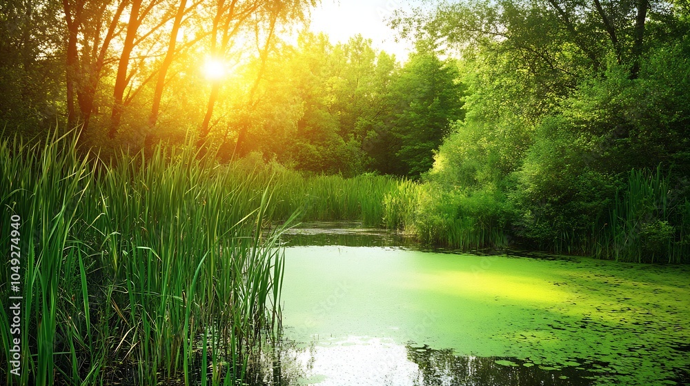 Poster idyllic green pond surrounded by lush trees and grass with sunlight filtering through : generative a