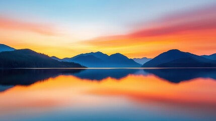 Obraz premium Crystal clear lake reflecting the mountain peaks under a vibrant sunset sky, calm water surface, serene atmosphere, natural lake, tranquility in nature