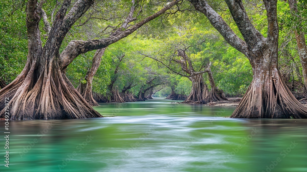 Poster enchanting mangrove forest with clear flowing river and majestic arching tree roots : generative ai