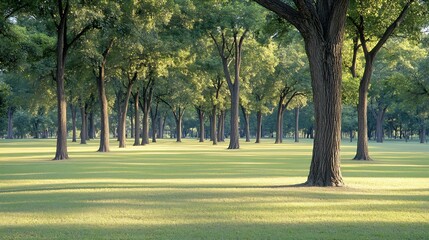 Obraz premium Serene Park with Lush Trees and Shadow Patterns at Sunset Creating a Tranquil Atmosphere : Generative AI