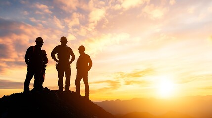 Obraz premium Three Construction Workers in Gear Silhouetted Against Sunrise on Mountain : Generative AI