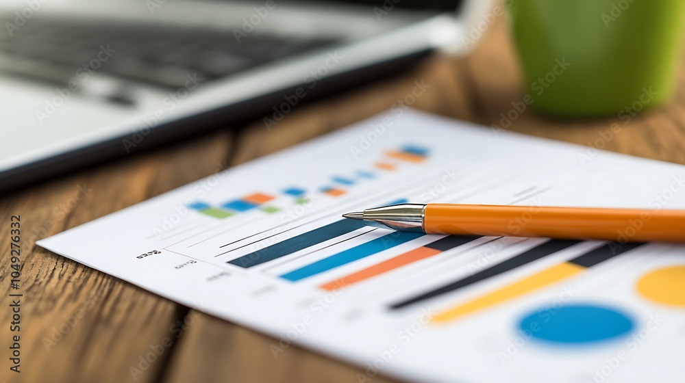 Aufkleber Closeup shot of financial report with colorful graphs on wooden desk : Generative AI