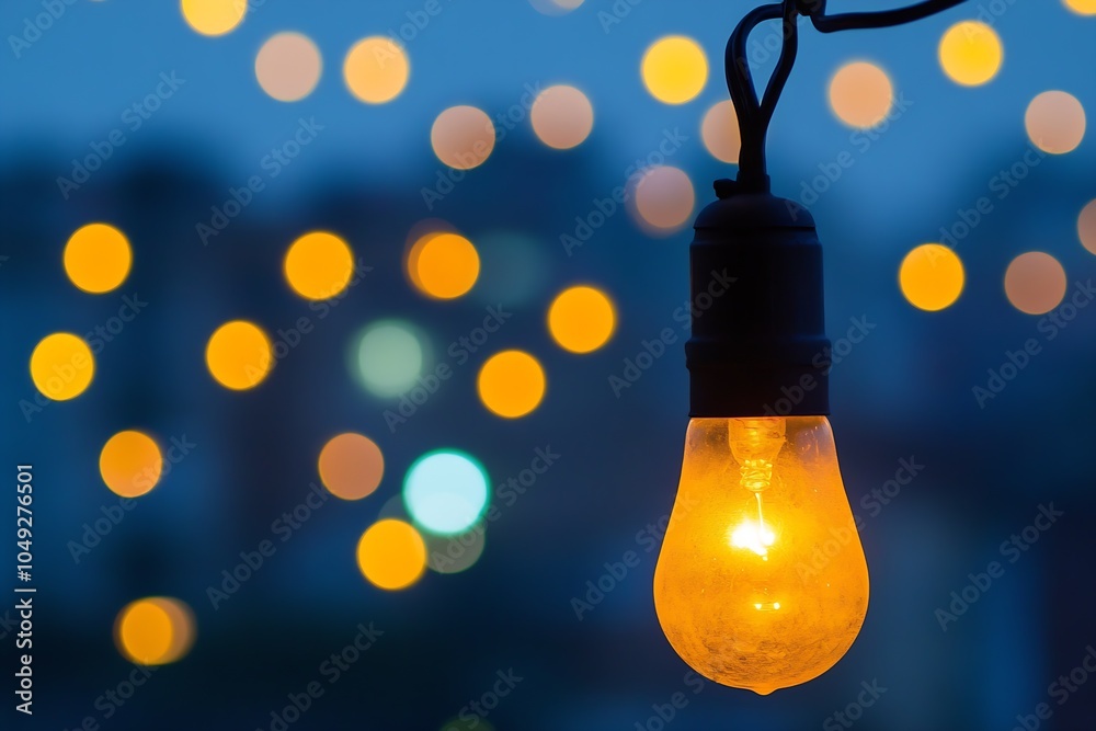 Aufkleber Closeup of glowing light bulb with bokeh lights background creating a warm and cozy atmosphere : Generative AI