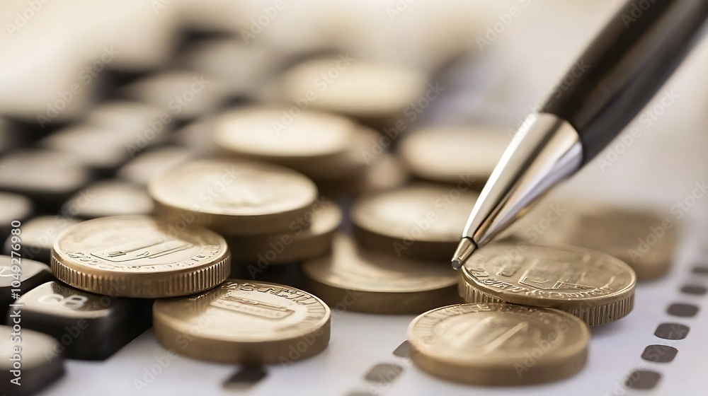 Poster financial insights concept with coins and calculator symbolizing wealth management : generative ai