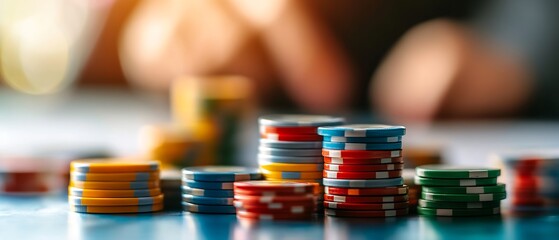 Strategically Stacked Betting Chips on Casino Table with Focus on Gameplay : Generative AI