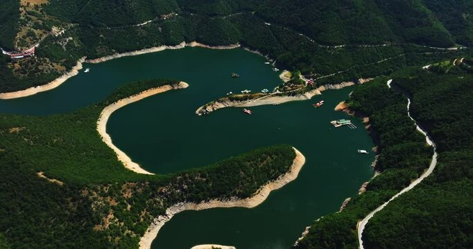 River Meandre On Hot Summer Day Villas Fishing Water Sports Aerial Scene